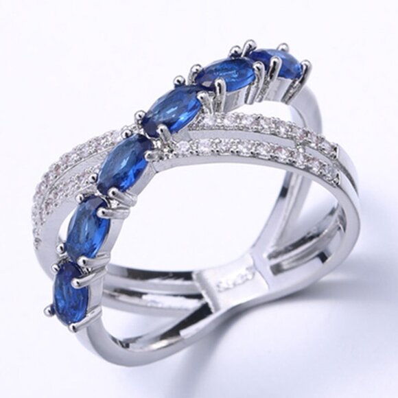 Jewelry - Oval Royal Blue Anillos Unique Three Lines Silver Ring for Women, VIP272